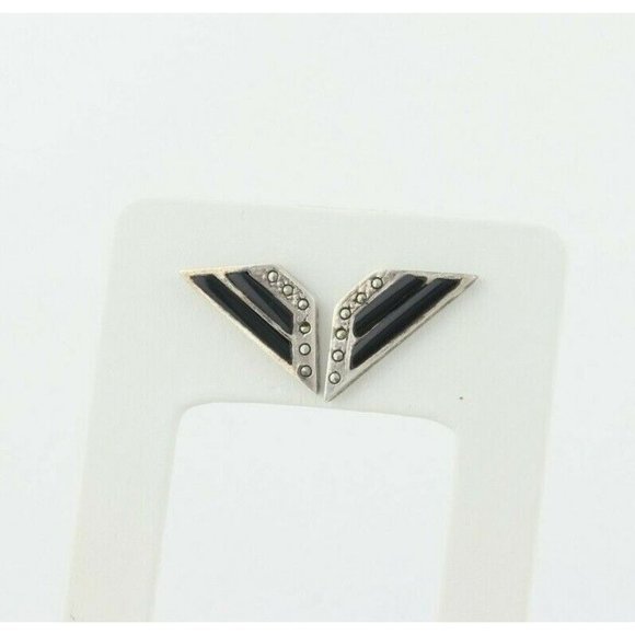 Sterling Silver Onyx and Marcasite Earrings Stud Post Earrings - Picture 6 of 9